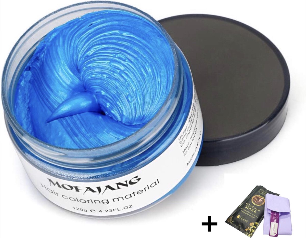   Japanse Haarkleur wax|Blauw|Inclusief haarmasker met haarcap| Haarverf|Tijdelijk haarkleur verandering|Carnaval/Cosplay natuurlijk haarcrème|